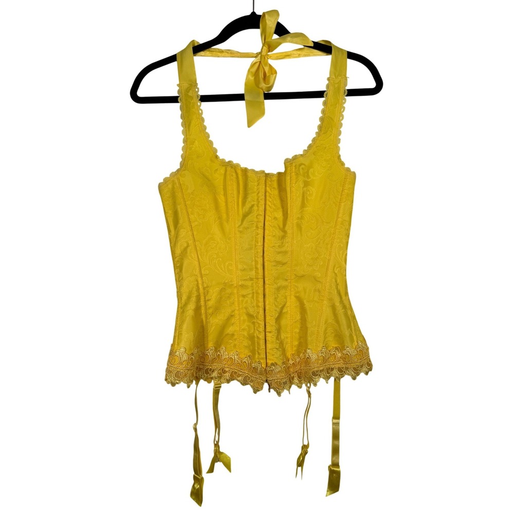 Fredericks of Hollywood Dream Halter Corset Bustier Yellow Floral Brocade Sz 34